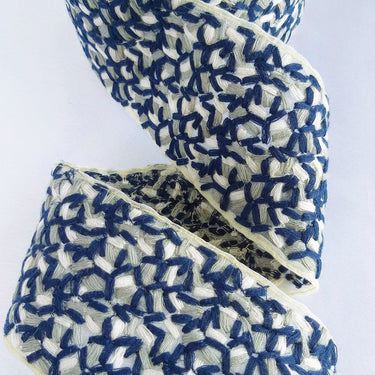 Beige Sheer Tissue Fabric Trim With Cotton Thread Embroidery In Blue, Grey And Off White, Fabric Lace